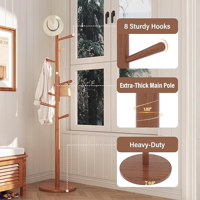 CozyDH Coat Rack Freestanding Solid Wood Coat Rack Stand, Coat Tree Freestanding with 8 Hooks Creative Tree Branch-look for Entryway, Hallway, Bedroom (Teak)