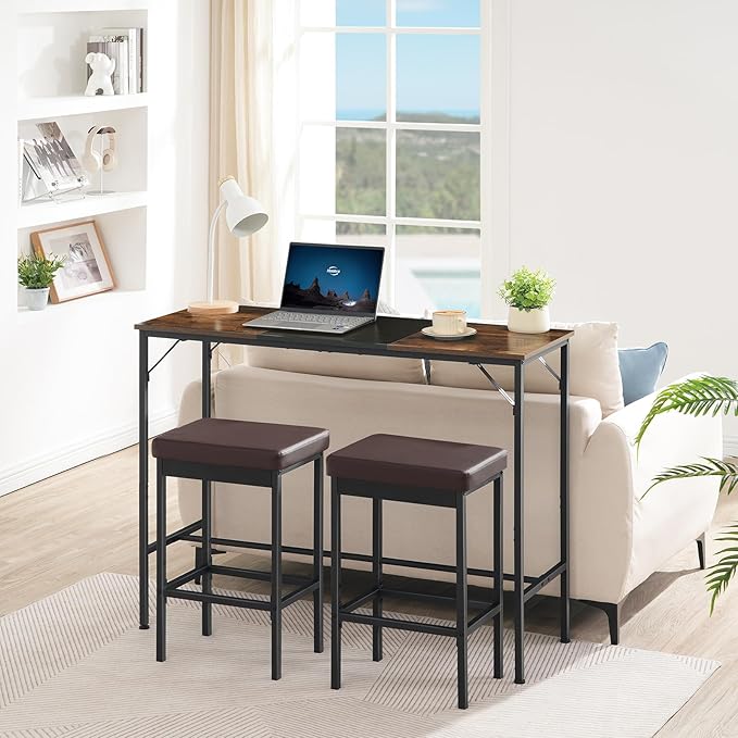 HOOBRO Bar Stools, Set of 2 Barstools, 24.8-Inch Height Stools, Breakfast Barstools, Kitchen Bar Chairs, 2" Thick Upholstery, for Kitchen, Dining Room, Cafe, Bar Counter, Brown and Black BC21BY01