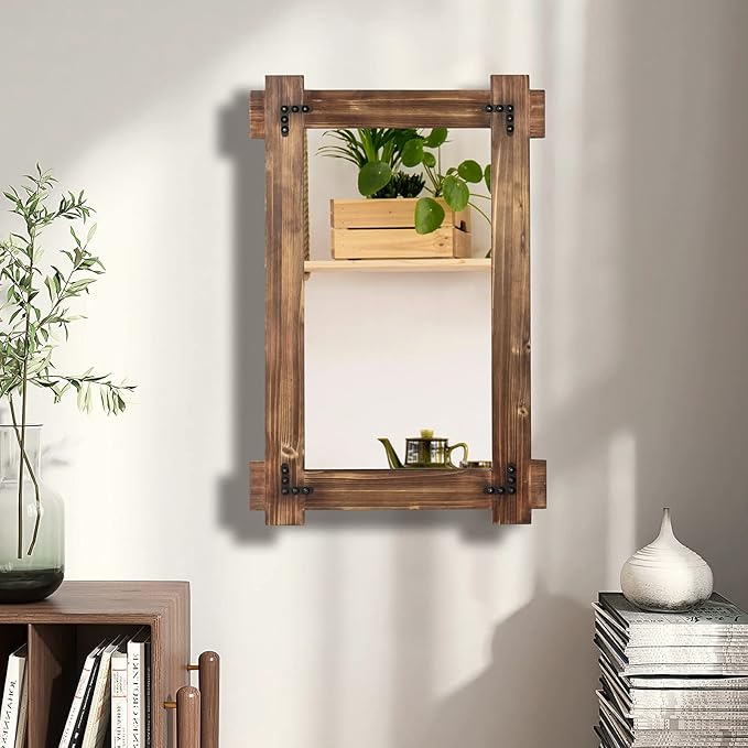 MeMoreCool Rustic Wooden Framed Wall Mirror, Farmhouse Decorative Vanity Mirror, Wall Mounted Rectangular Mirror for Bathroom, Bedroom, or Living Room, 40x28 Inches