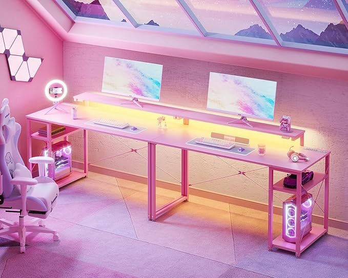 MOTPK 48 Inch Gaming Desk with Storage & Led Lights, Computer Desk with Power Outlet & Shelf, Reversible Gamer Desk with Adjustable Monitor Stand, Carbon Fiber Texture Pink