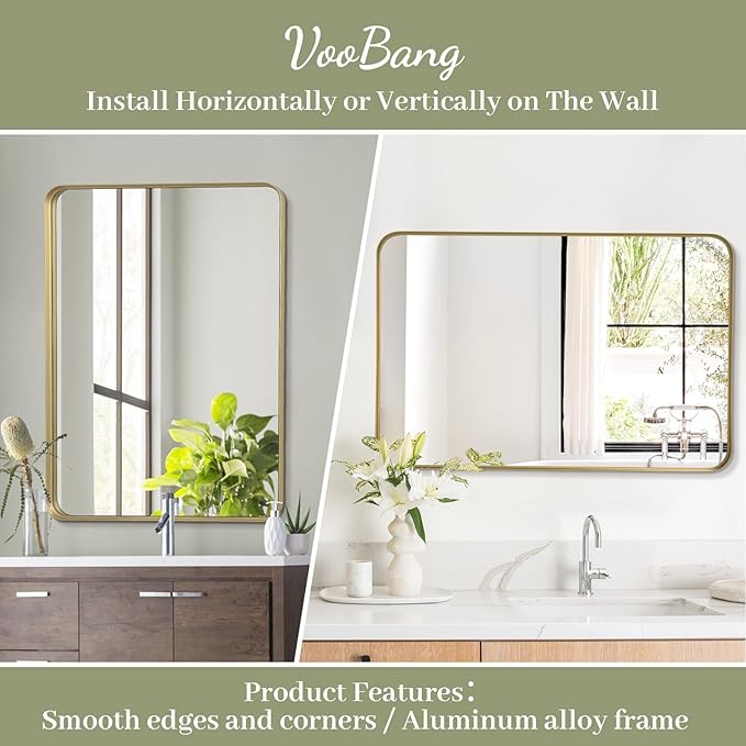 Bathroom Mirror 20x30 inch, Gold Gorgeous Deep Frame Wall Mirror, Modern Round Corner Bathroom Vanity Mirror for Bedroom, Living Room, Hanging or Leaning Horizontal or Vertical, Gold