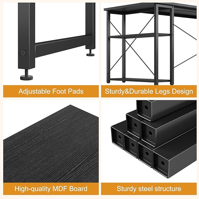 L Shaped Computer Desk with Reversible Shelves, 47 Inch Small Corner Desk with Storage Bag, Gaming Desk Computer Table Study Writing Table for Home Office Bedroom Small Space, Black