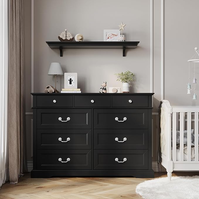 LINSY HOME 9 Drawers Dresser for Bedroom, 54" Wide Wooden Storage Chest with Antique Handles, Modern Farmhouse Large Dresser TV Stand, Chest of Drawers for Closet, Living Room, Hallway, Black