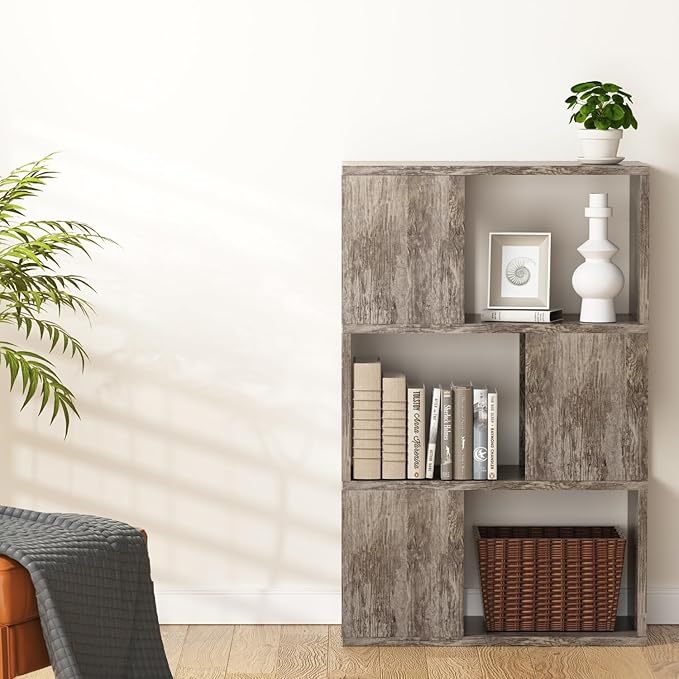 GHC 3 Tier Bookshelf, Wood Decorative Storage Shelving, Modern Freestanding Display Shelves, Tall Book Shelf Unit for Living Room, Bedroom, Office-Gray