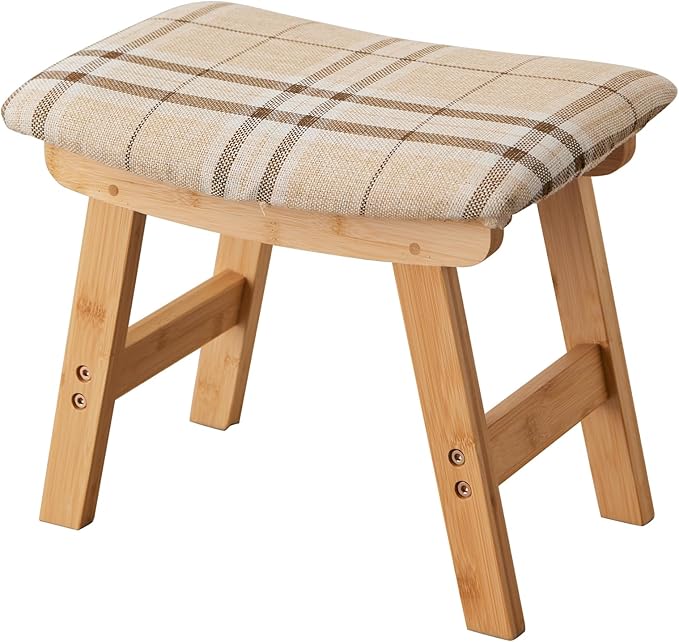 Foot Stool,Ottoman,Bamboo Small Sofa Foot Rest Under Desk,Extra Seating for Living Room, Bedroom and Kitchen (Natural Stool Legs - Stripes Surface)