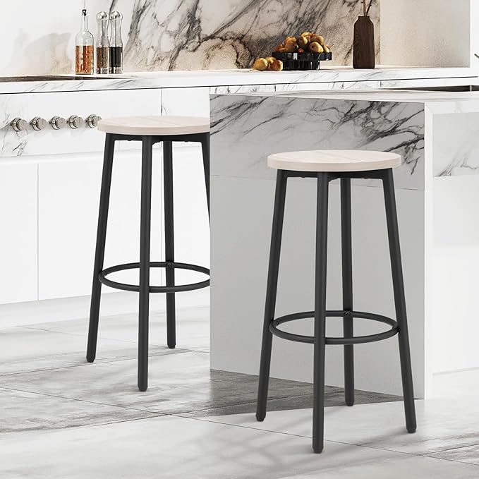 Athena Collection Bar Stools Set of 2, 25.5 Inches Round Counter Height Bar Stools Backless with Metal Legs and Footrest, Wood Barstools for Home, Kitchen Island, Counter, Grey