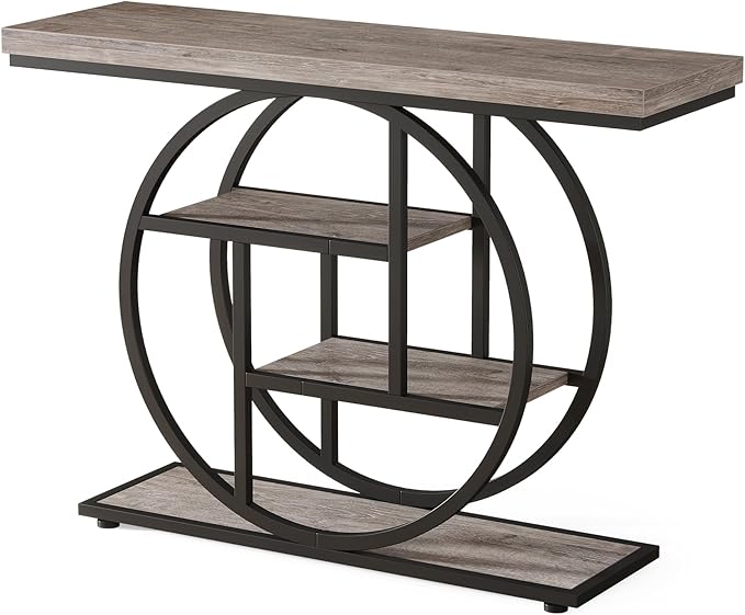 Tribesigns 41.3" Console Table, Industrial 4-Tier Sofa Table Entryway Table with Circle Base, Narrow Wood Accent Tables with Storage Shelves for Living Room, Hallway, Foyer, Gray