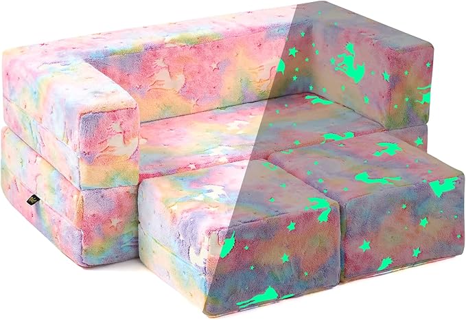 Modular Kids Couch, Glow in The Dark Sofa 3 in 1 Fold Out Kids Sofa with Washable and Durable Covers for Boys, Rainbow Unicorn