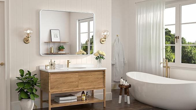 Keonjinn Matte White Bathroom Mirrors for Over Sink 40 x 30 Inch Large Rounded Rectangle Bathroom Mirror for Wall, Seamless Metal Frame Farmhouse Mirror, HD Tempered Glass(Horizontal/Vertical)