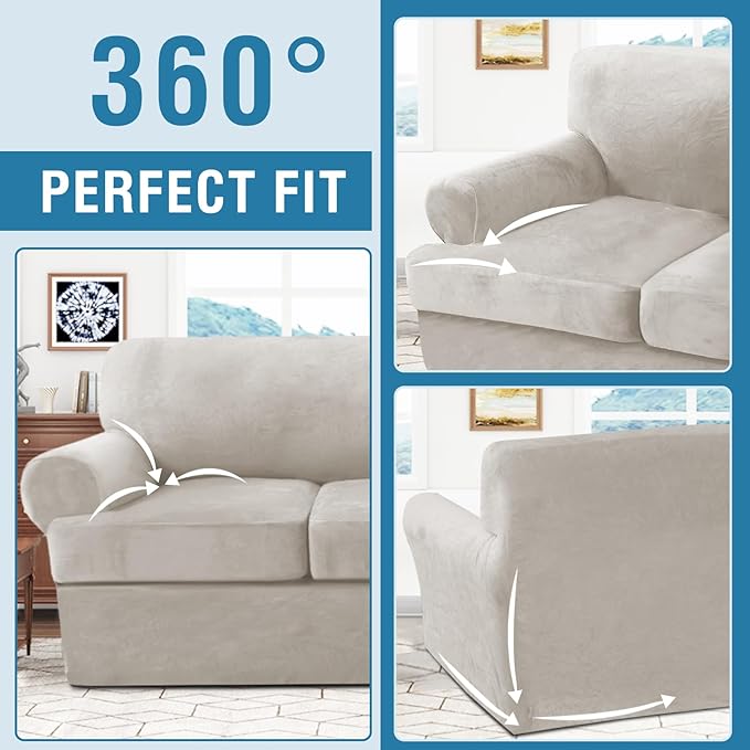 H.VERSAILTEX Sofa Cover 2 Piece T Cushion Armchair Slipcovers Thick Velvet Couch Cover Stretch T Cushion Sofa Covers for 1 Cushion Couch with 1 Individual T Cushion Covers Washable, Oatmeal