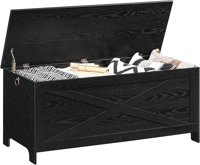 47.2" Toy Chest, Sturdy Entryway Storage Chest with Safety Hinge, Retro Toy Box, Wooden Look Accent Furniture for Living Room, Bedroom, Black SCBK48801