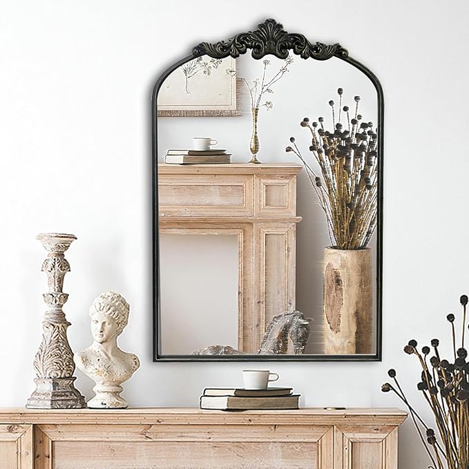WAMIRRO Arched Mirror,Black Traditional Vintage Ornate Baroque Mirrors,Antique Brass Mirrors for Entryway/Fireplace/Living Room/Hallway/Bathroom.24“X36“ Black