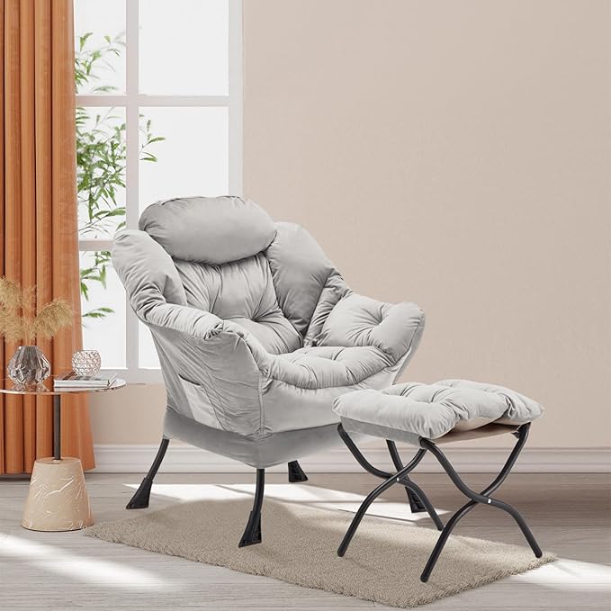 Lazy Chair with Folding Ottoman, Accent Chair Velvet Upholstered with Metal Structure and Non-Slip Pads, Sofa Armchair with Footrest and Side Storage Bag for Dorm, Room, Office, Light Gray