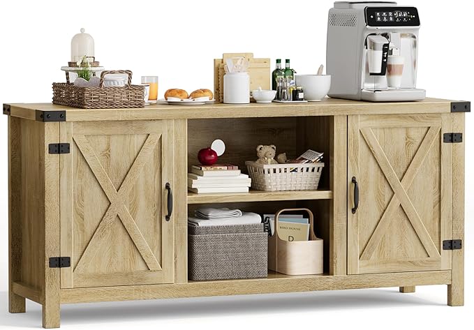 YESHOMY Farmhouse Buffet & Sideboard, 58" Kitchen Storage Cabinet with Adjustable Shelves & Doors, Wood Coffee Bar for Living Room, Entryway, Yellow