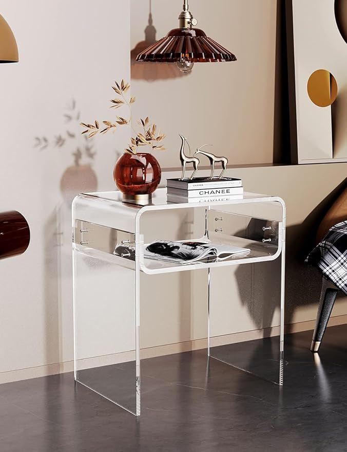 Clear Acrylic End Table 2-Tier Bedside nightstand for Living Room Bedroom Home Decor (Clear)