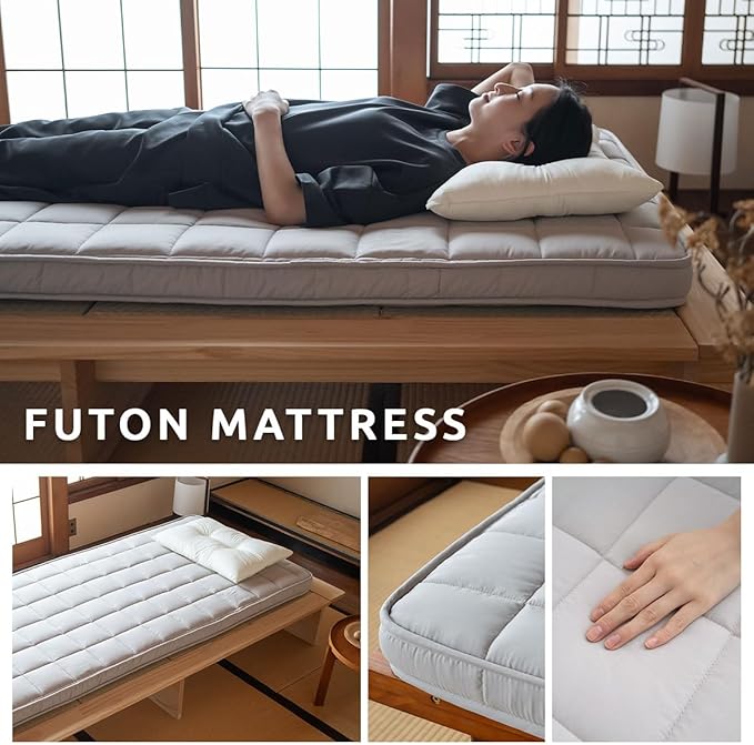 EMOOR Japanese Padded Futon Mattress Machi Small-Twin Gray, Gusset Foldable Storable Elastic Bands Floor Sleeping Guest Bed Tatami Mat