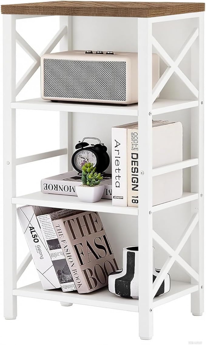 Small Bookshelf,4 Tier Industrial Bookcase with Metal Frame and Backboard,Narrow White Book Shelf,Book case for Small Spaces,Living Room,Bedroom and Home Office
