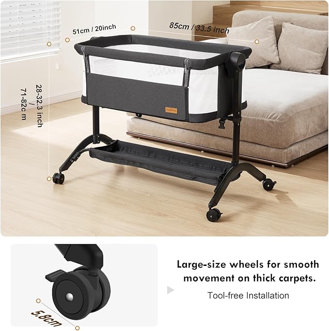 Bassinet Bedside Sleeper - All-Mesh Design, Portable Bedside Bassinet for Baby with Washable Mattress, 5 Adjustable Heights (Black)