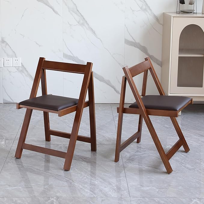 Walnut Round Folding Dining Table with 2 Chairs, Walnut Solid Wood Folding Chair Set of 2, Space Saving Foldable Dining Table with 2 Chairs
