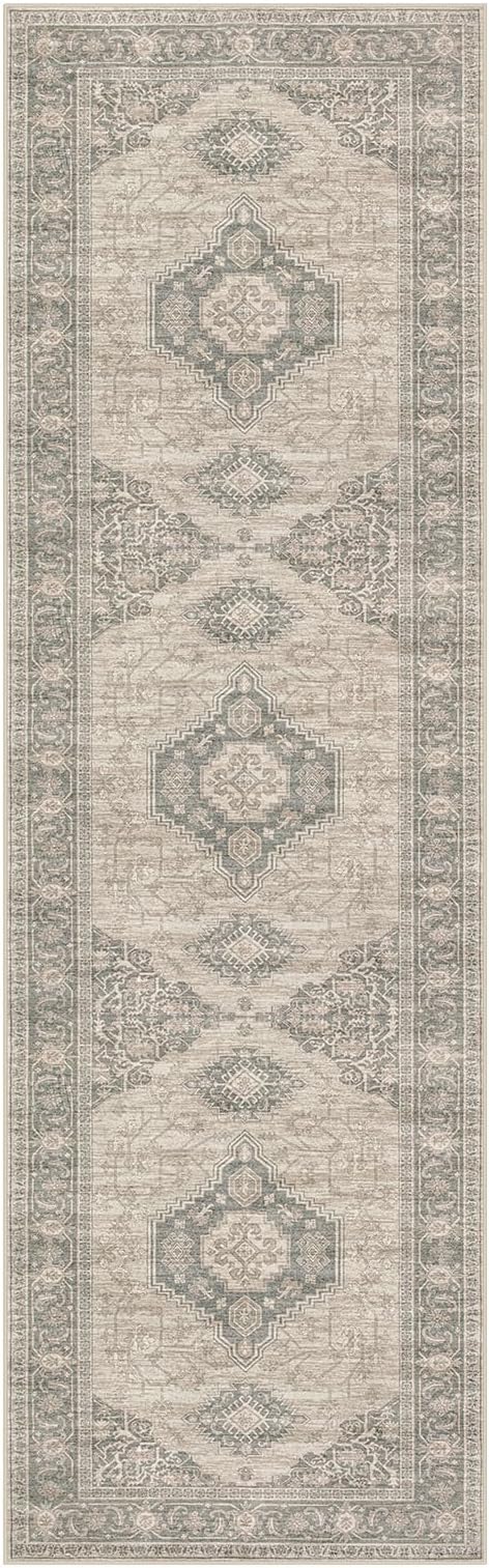 Lahome Oriental Hallway Runner Rug Non Slip, 2.5x8 Kitchen Washable Runner Soft Hallway Rug, Traditional Ultra-Thin Carpet for Bathroom Entryway Laundry Room, Grey/Brown