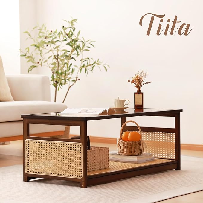Tiita Coffee Tables for Living Room,Mid Century Modern Storage 2-Tier Coffee Tables,Rattan Glass RectangleTables,Suitable for Living Room Apartment,Brown