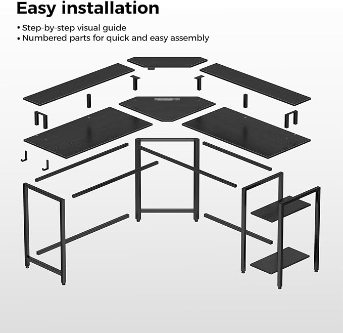Rolanstar L Shaped Gaming Desk with LED Lights & Power Outlets, 46.2" Computer Desk with Full Monitor Stand & Storage Shelf, Corner Desk with Hooks, Black Desk Reversible