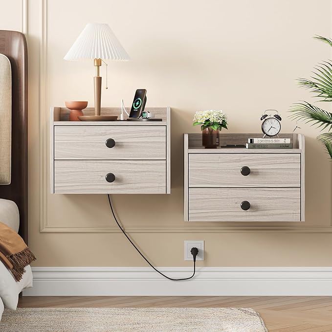 Floating Nightstand Set of 2 with 2 Storage Drawers and Charging Station Wood Wall Mounted Bedside End Table Modern Night Stands Set 2 for Bedroom,Small Space,Grey Black