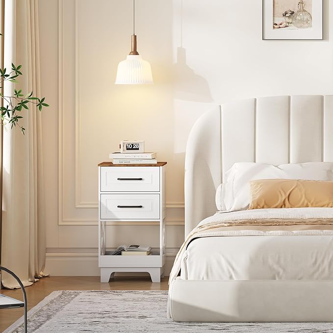 Tall Nightstand Set of 2 Side Table with 2 Drawers Modern Night Stand Wooden Rustic End Table Bedside Table with Below Open Shelf Solid Feet for Bedroom, Living Room, White+Walnut