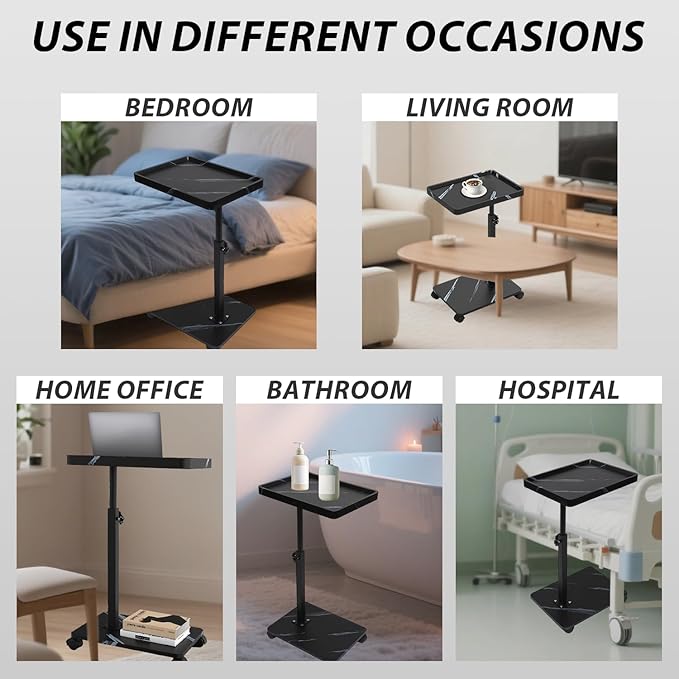 Simcat C Table End Table Adjustable Height, C Shaped Side Table with Wheels, 360° Swivel TV Tray Table, Sofa Side Tables for Small Spaces/Living Room/Bedroom/Bathtub/Hospital