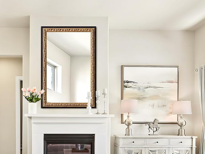 Vintage Gold Mirror 36”x24”, Black Decorative Mirror for Vanity with Gold Foil Carvings Solid Wooden Frame, Antique Handmade Aging, for Luxe Living Room, Entryway, Bathroom and Bedroom