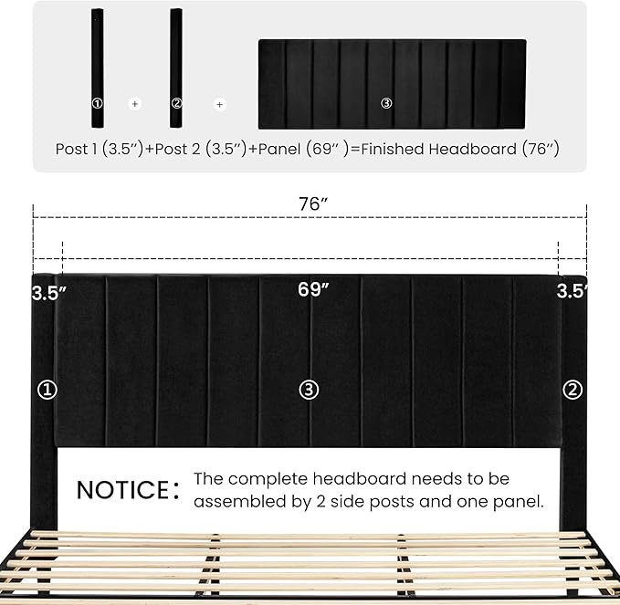 SHA CERLIN King Bed Frame/Velvet Upholstered Platform Bed Frame with Headboard/Strong Wood Slats Support/Mattress Foundation/No Box Spring Needed - Black