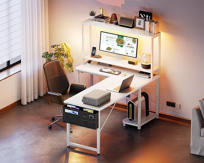 ODK 53 Inch L Shaped Desk with LED Lighting, Reversible Gaming Desk with Power Outlets, Cornor Computer Table with Storage Shelves & Bag & Iron Hook, Home Office Table for Writing, Study, White
