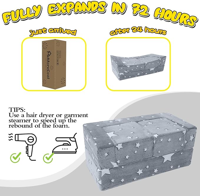 MeMoreCool Modular Kids Play Couch Sofa – Glow in The Dark Star Design, Fold-Out Toddler Couch for Playroom Furniture, Grey