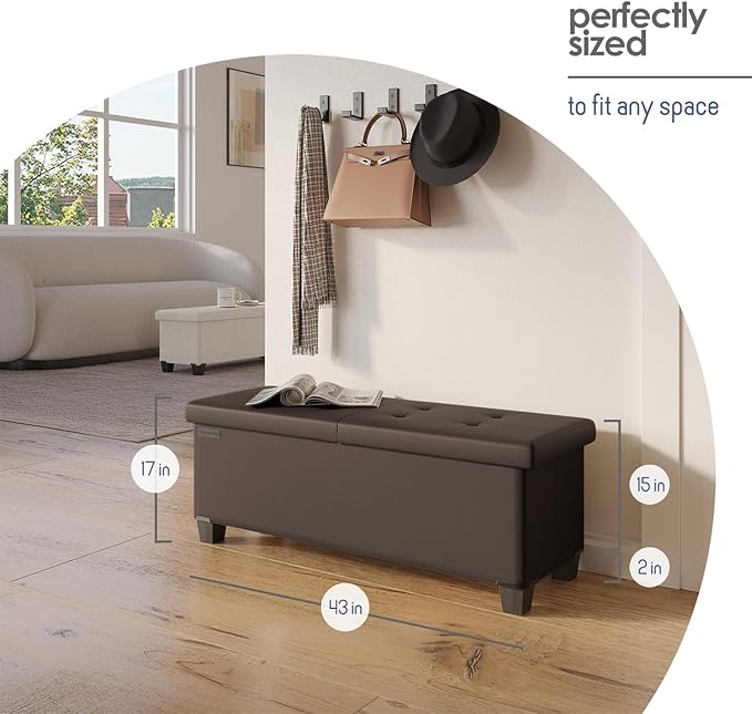 STORAGEBUD Storage Ottoman Bench with Bins, 43-in Storage Bench for Bedroom End of Bed, Folding Foot Rest Ottoman for Living Room Max 660lbs, Faux Leather Ottomans, Brown