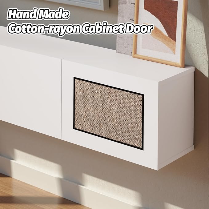 Pmnianhua Boho Floating TV Stand 70", Modern Wall Mounted Media Console with Cotton-Rayon Doors for Under TV Shelf,Entertainment Center,Living Room,Bedroom(White)