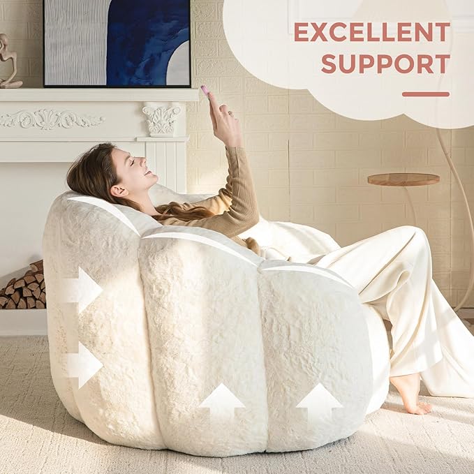 MAXYOYO Bean Bag Chair for Adults, Floral Shaped Bean Bag Sofa, Ultra Soft Faux Fur Floor Sofa, Large Reading Chair for Living Room Bedroom, Beige, Single