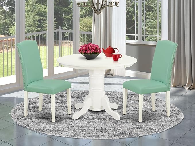 East West Furniture SHEN3-LWH-57 3 Piece Kitchen Table & Chairs Set Contains a Round Dining Room Table with Pedestal and 2 Pond Faux Leather Parsons Dining Chairs, 42x42 Inch, Linen White