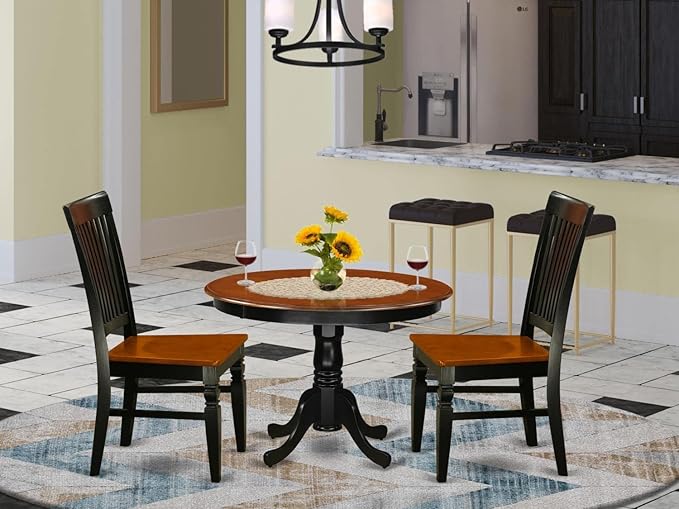 East West Furniture HLWE3-BCH-W 3 Piece Dining Room Table Set Contains a Round Kitchen Table with Pedestal and 2 Dining Chairs, 42x42 Inch, Black & Cherry
