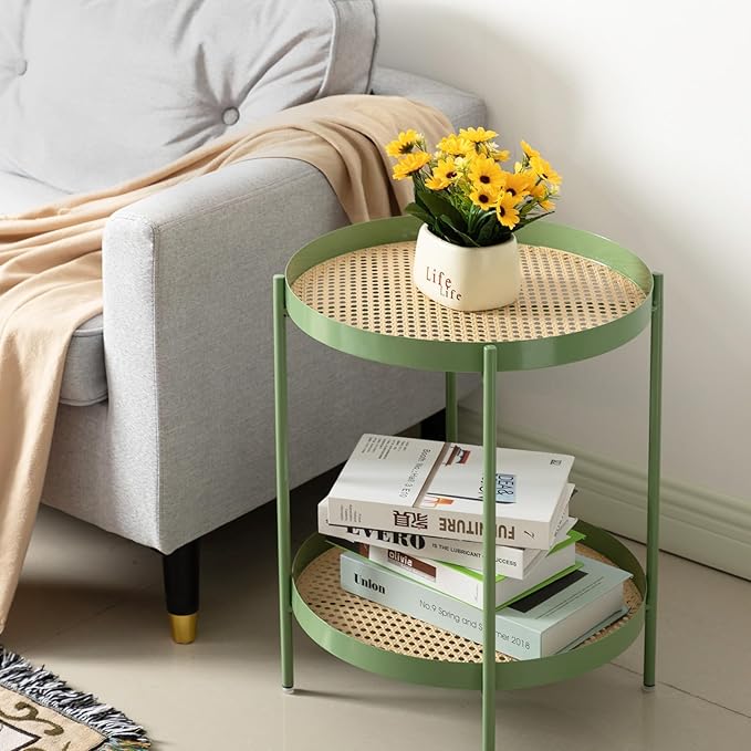 TeoKJ All Metal Side Table, 2 Tier Anti Rust End Table with Imitation Rattan Pattern on Removable Trays, Round Table for Living Room, Small Nightstand for Bedroom 20.47 Inch x 16.54 Inch Green