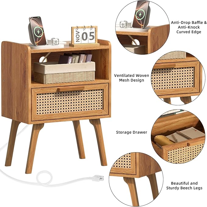 Lerliuo Rattan Nightstands Set of 2 with Charging Station, Side Table with Drawer, Cane Accent Bedside End Table with Solid Wood Legs, Night Stand for Bedroom, Dorm and Small Spaces (Tea Brown)