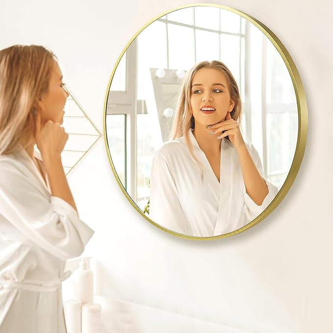 36 inch Gold Circle Wall Mirror, Brushed Gold Metal Framed Round Mirror for Bathroom Vanity, Bedroom Decor, Living Room, Entryway