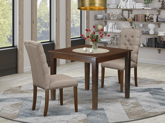 East West Furniture OXEL3-MAH-16 3 Piece Dining Set Contains a Square Dining Room Table and 2 Dark Khaki Linen Fabric Upholstered Parson Chairs, 36x36 Inch, Mahogany