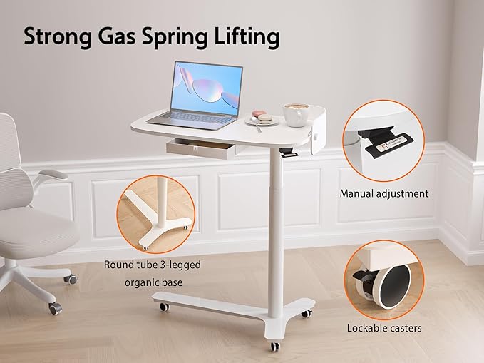 Rolling Desk Adjustable Height with Drawer and Wheels, Portable Small Standing Desk Pneumatic for Home Office, Mobile Computer Laptop Cart, Medical Sofa Overbed Table, White