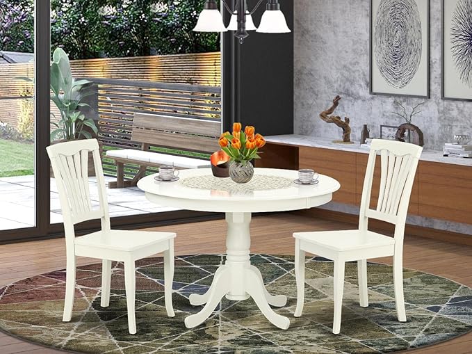 East West Furniture HLAV3-LWH-W 3 Piece Kitchen Table Set for Small Spaces Contains a Round Dining Room Table with Pedestal and 2 Dining Chairs, 42x42 Inch, Linen White