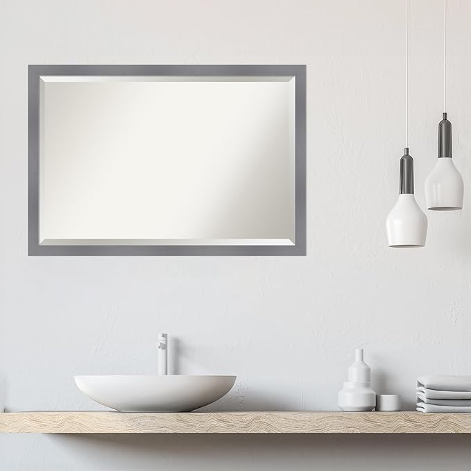Amanti Art Grey Wall Mirror 27x39 Edwin Grey Rectangle Bathroom Mirror for Wall Decor Living Room, Large Casual Wood Frame, Hangs Horizonally and Vertically, Bathroom Decor, Beveled Edge from WI, USA
