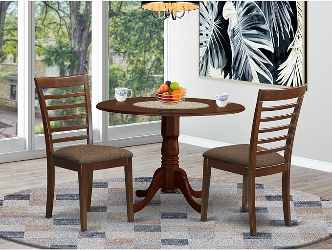 East West Furniture DLML3-MAH-C 3 Piece Dining Set Contains a Round Dining Room Table with Dropleaf and 2 Linen Fabric Upholstered Chairs, 42x42 Inch, Mahogany