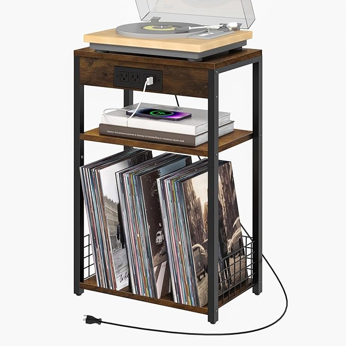 LELELINKY 3 Tier End Table with Charging Station, Brown Record Player Stand with Storage Up to 100 Albums Brown, Night Stand with USB Port, Nightstand for Small Spaces