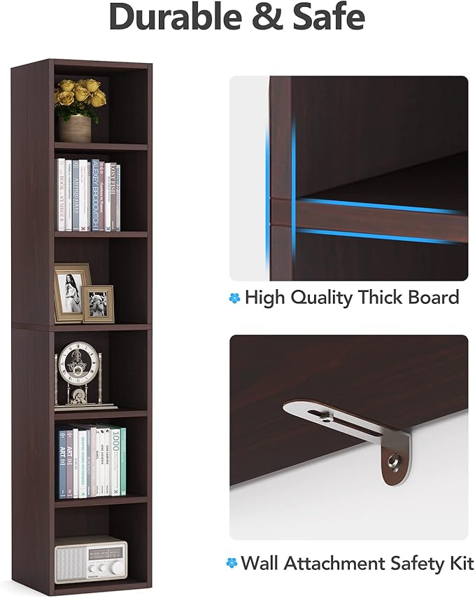 LITTLE TREE 70.9 Inch Tall Narrow Bookcase, Corner Bookshelf 6 Tier Cube Display Shelf Storage Organizer for Small Space, Brown