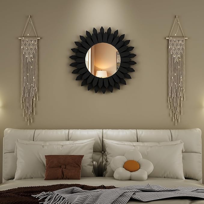 20 Inch Black Boho Wall Decor Sunburst Mirror - Round Wooden Wall Decor, Handmade Rustic Circular Mirror for Living Room, Bedroom, Entryway, Office