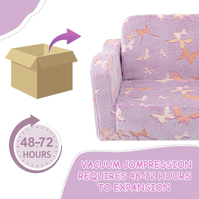 Kids Toddler Chair, 2-in-1 Toddler Couch Fold Out, Convertible Chairs for Toddlers Comfy Sofa to Lounger with Glow in The Dark Feature, Soft for Girls and Boys, Glowing Butterfly